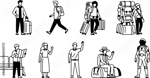Illustration of diverse travelers with luggage and backpacks in various poses and activities