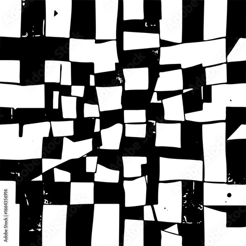 Black and white broken checkerboard, fragmented geometric distortion, SVG abstract background