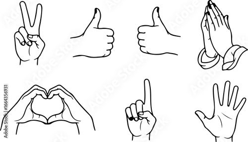 Collection of hand gestures including peace sign thumbs up prayer heart point and open hand illustration