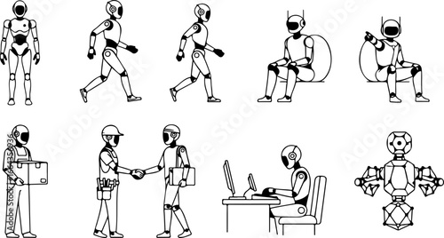 Various poses of robots performing different actions such as walking sitting and working on computer