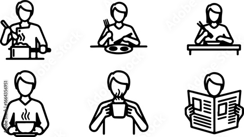 Various activities depicted through simple line drawings of people cooking eating and reading symbols icons