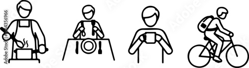 Four stick figure illustrations showing a chef, a waiter, a person with a mug and a cyclist riding