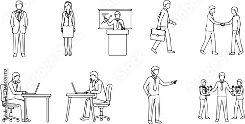 Illustration of business professionals in various work scenarios and interactions in a monochrome style