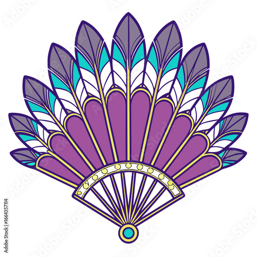 Elegant feathered masquerade fan on white background