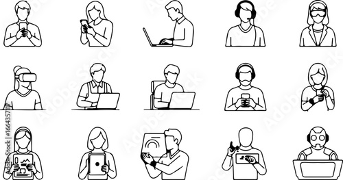 Collection of people using various technology devices in black and white outline illustration style