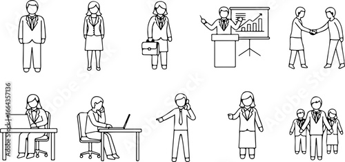 Collection of business people in various activities such as meetings and working at their desks outlined
