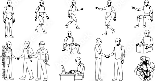 Various poses of humanoid figures engaged in different activities and interactions on a white background