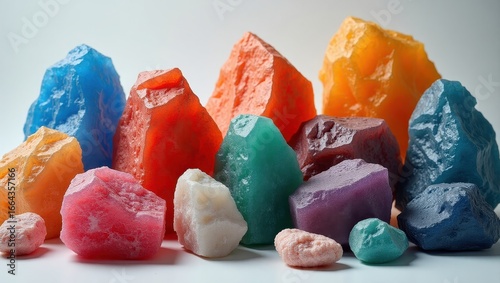 A vibrant collection of colorful, textured rocks arranged against a plain background.