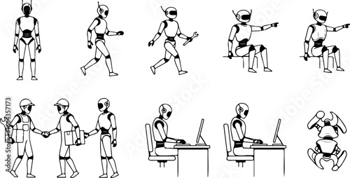 Various robot poses and activities including standing walking sitting working and interacting in black and white
