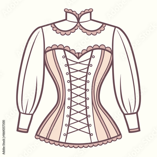 Elegant victorian era dress with corset design on white background