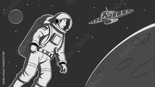 Astronaut floats in space near spacecraft and planets, exploring the cosmos in a dynamic, futuristic adventure.