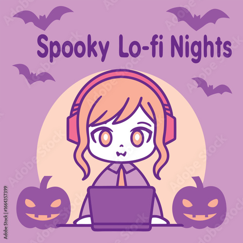 Trendy lo fi anime style halloween design with spooky elements