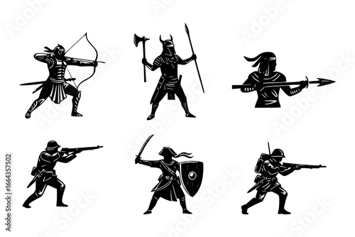 Vector art of a set of six warrior silhouettes featuring an archer, a spearman, a swordsman, a rifleman