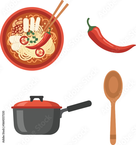 Illustration of a bowl of noodles with chopsticks, a chili pepper, a pot, and a spoon.