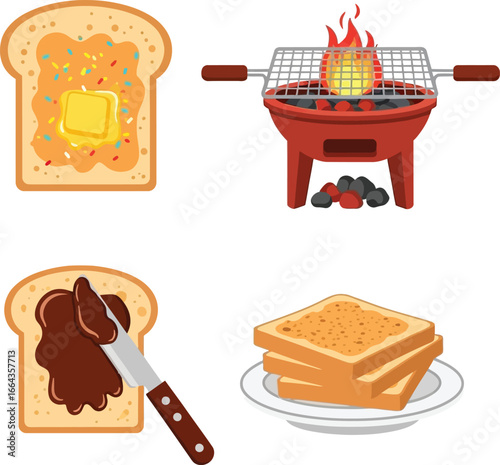 Colorful illustration of toast with various toppings and a barbecue grill with fire.