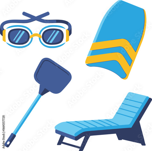 Illustration of swimming goggles, a kickboard, a net, and a lounge chair.