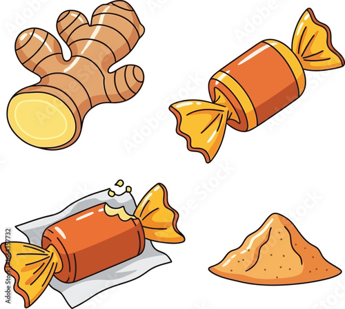 Illustration of ginger root, wrapped candies, and a pile of spice, all on white.