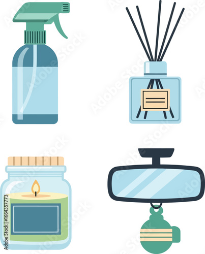 Four air freshener products including a spray bottle, reed diffuser, candle, and car freshener.