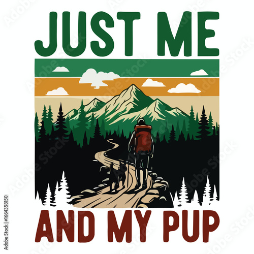 Just Me and My Pup Hiking Adventure A vibrant illustration shows a person and their dog hiking in a mountainous landscape expressing the joy of outdoor companionship and shared adventures vector 