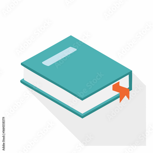 Modern isometric flat design illustration of a closed turquoise book with a bright red bookmark, symbolizing accessible knowledge and the joy of reading