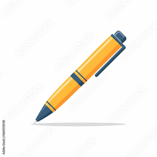 Modern flat design illustration of a yellow and blue ballpoint pen, an essential writing instrument for office, school, and daily creative tasks