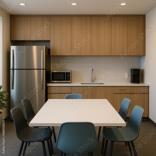 A contemporary office break room featuring a sleek kitchenette with wooden cabinets, stainless steel fridge, white dining table with chairs, coffee machine, microwave, and natural light. 