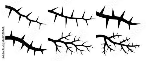 Collection of Black Silhouette Thorns and Branches on White Background