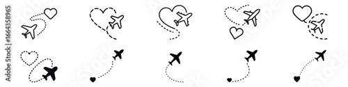 Airplane flying with heart-shaped trail icon, romantic travel symbol with dotted line route, Love and Travel Airplane Path Icon Set – Romantic Flight, Destination, Adventure