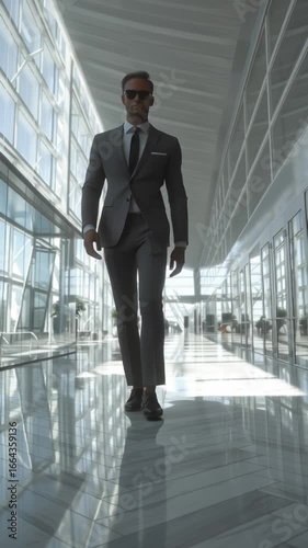 Confident businessman walking through a modern office space, showcasing professionalism in a sleek environment.