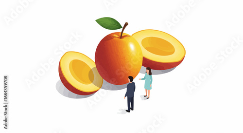 Isometric Large Peach with Small People Illustrating Healthy Eating, Nutrition, and Food Industry Concepts
