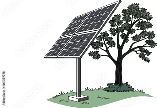 Photovoltaic solar panels on green grass convert sunlight into clean, renewable energy