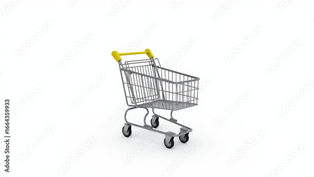 Fototapeta premium A gray shopping cart with yellow handles is presented on a plain white background.