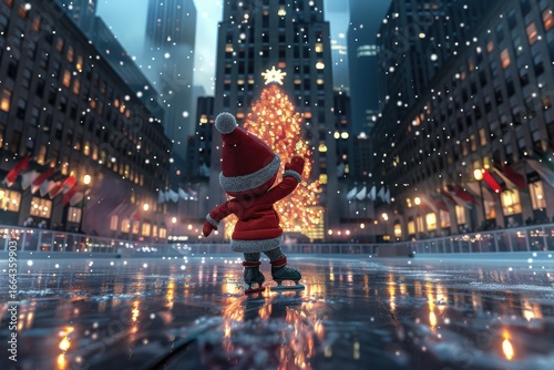 A child in festive red coat ice skates toward a huge Christmas tree in a snowy city plaza, glowing with holiday lights.