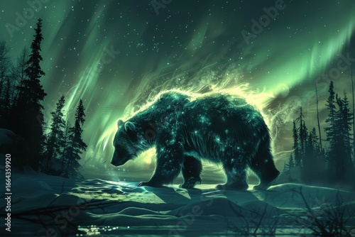 A majestic bear glowing with magical energy walks across snowy terrain beneath the vibrant northern lights and starlit sky.