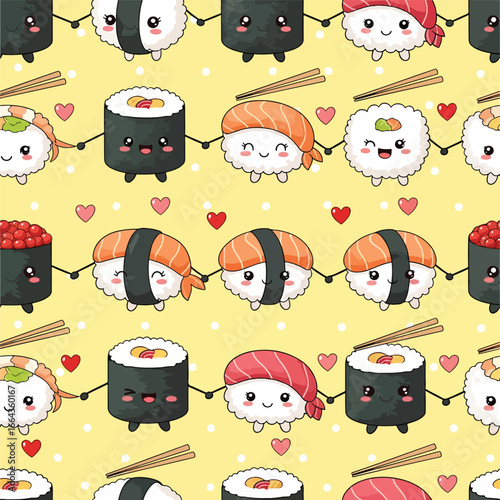 Seamless Pattern, Seamless pattern of cute sushi holding hands on a yellow background illustration Stock royalty free image.