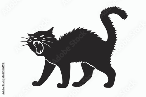 Frightened black cat arched back with open mouth vector silhouette isolated on white background 