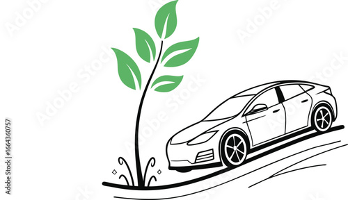 Eco car vector icon showing a modern sports auto on the road