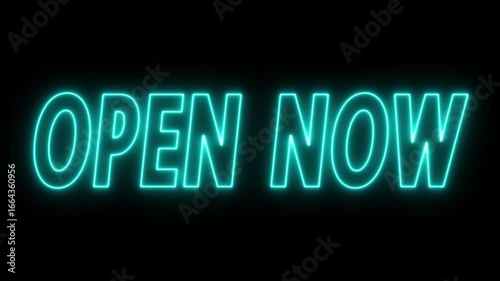 Animated glowing flickering neon inscription open now. neon open now text animation