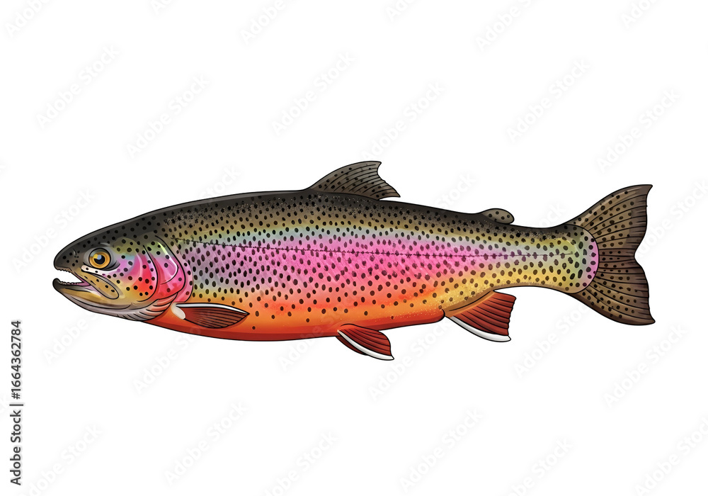 Naklejka premium A detailed illustration of a rainbow trout, showcasing its vibrant colors and intricate markings against a stark black background.
