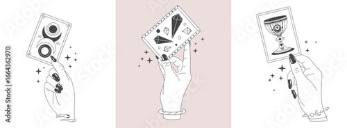Set of magic witchcraft line art hands with tarot cards. Esoteric hand gesture logo. Vector illustration