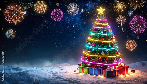 Snowy winter landscape with lights. Festive Christmas trees and presents. Holiday season with festive lights. Christmas celebration under fireworks. Vibrant holiday lights and decorations