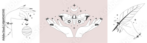 Set of magic witchcraft line art hands with tarot cards. Esoteric hand gesture logo. Vector illustration