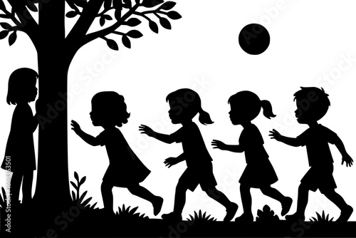 Children playing hide and seek near a tree with a clear background