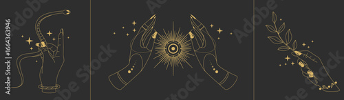 Set of magic witchcraft line art hands with tarot cards on black background. Esoteric hand gesture logo. Vector illustration
