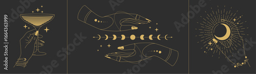 Set of magic witchcraft line art hands with tarot cards on black background. Esoteric hand gesture logo. Vector illustration
