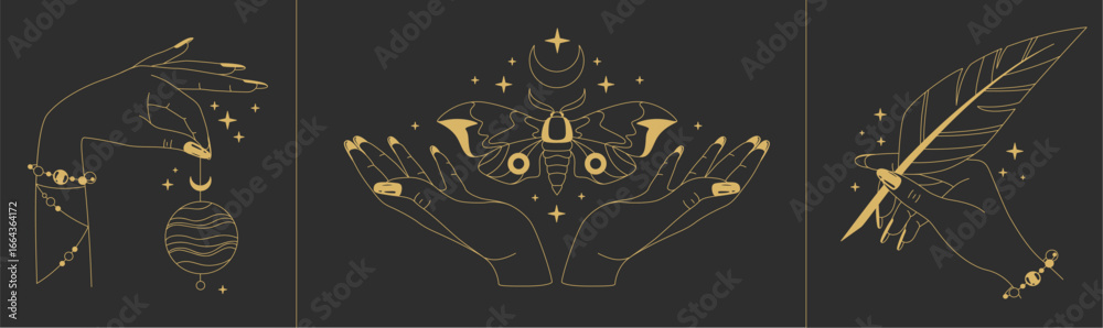 Obraz premium Set of magic witchcraft line art hands with tarot cards on black background. Esoteric hand gesture logo. Vector illustration