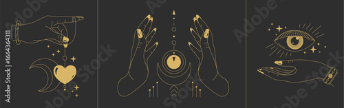 Set of magic witchcraft line art hands with tarot cards on black background. Esoteric hand gesture logo. Vector illustration