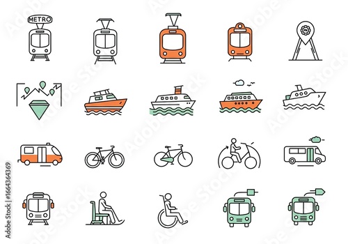 Discover a diverse collection of modern transportation icons featuring trains, boats, bikes, buses, and accessibility symbols for urban planning and travel graphics.