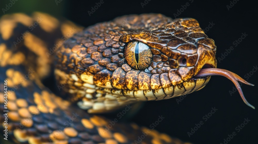 Fototapeta premium Detailed close up of a viper snake head flicking tongue