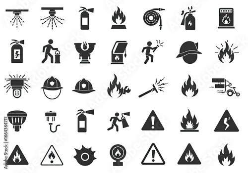 Essential fire safety icons including sprinklers, extinguishers, flames, warning signs, and firefighters for prevention and emergency preparedness, conveying urgency and protection.